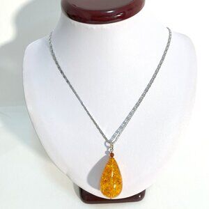 Baltic Amber Drop Necklace Pendant Free 18" Chain Silver & Rhodium Plated